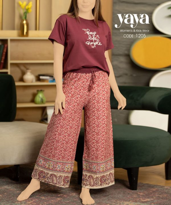 بيجامة صيفي قطن ببنطلون منقوش واسع من يايا 1205 | Pyjamty