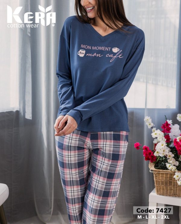 بيجامة قطن بـ كم طويل و قصة صدر مميزة من كيرا 7427 Mon Cafee | Pyjamty