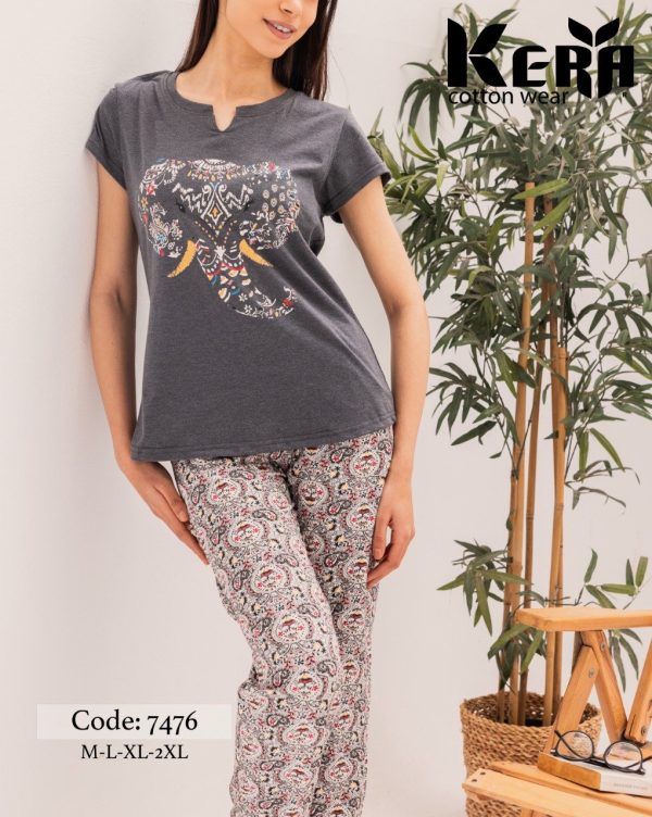 بيجامة قطن بـقصة صدر مميزة وزخرفة Elephant من كيرا 7476 | Pyjamty