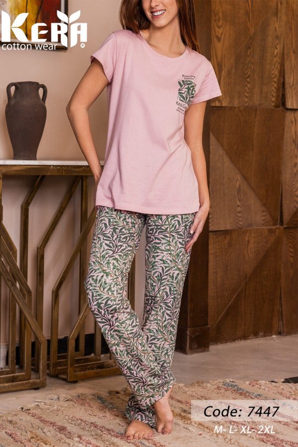 بيجامة قطن بزخرفة أوراق الشجر مع اللون الوردي من كيرا 7447 | Pyjamty