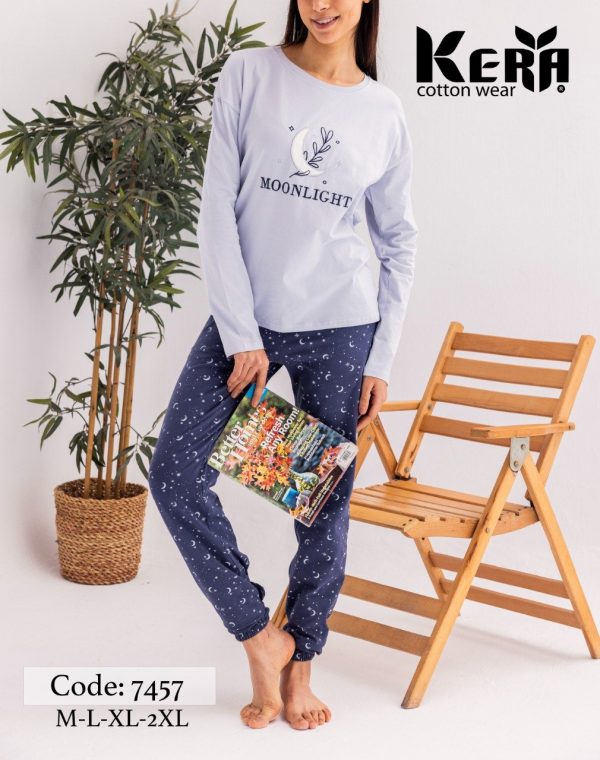 بيجامة قطن خريفي من كيرا بطباعة نجوم وهلال من كيرا 7457 MoonLight 🌙🌟 | Pyjamty