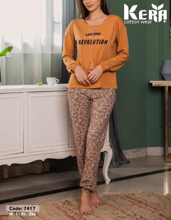 بيجامة قطن كم طويل بـ لون قمر الدين المميز من كيرا 7417 | Pyjamty