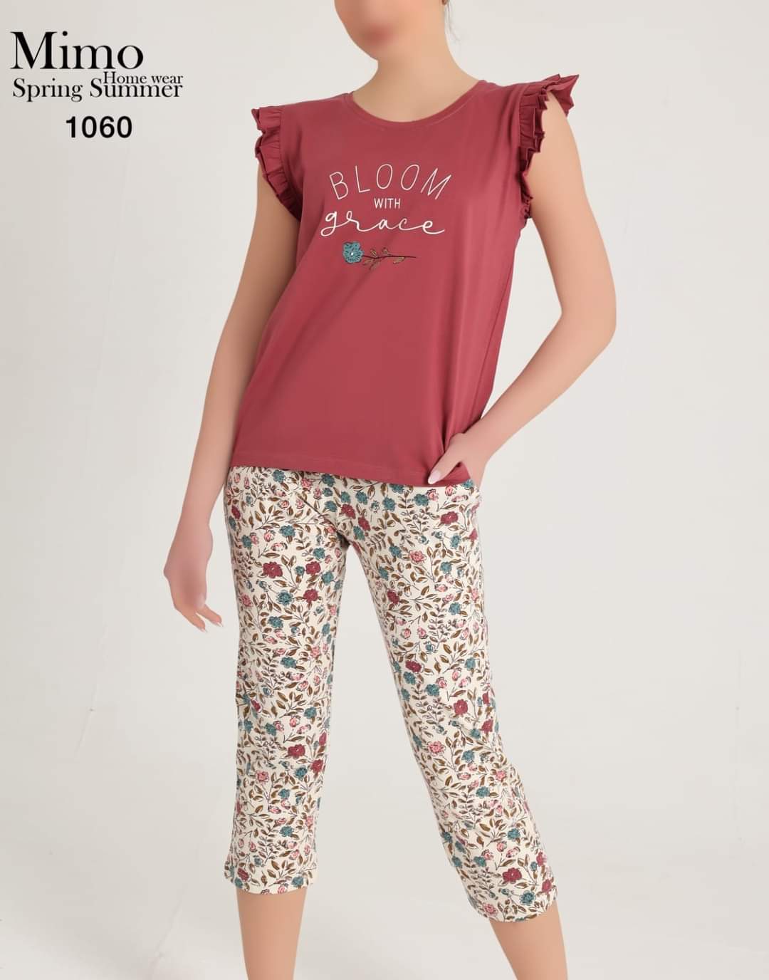 بيجامة بنتاكور بقصة كتف مكشكشة من ميمو 1060 | Pyjamty