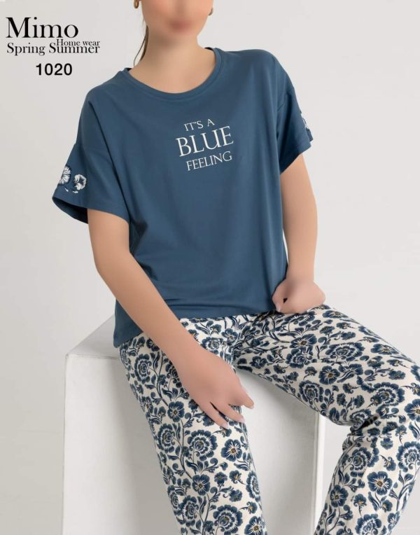 بيجامة قطن صيفي بـ لون أزرق من ميمو 1020 its a BLUE feeling | Pyjamty