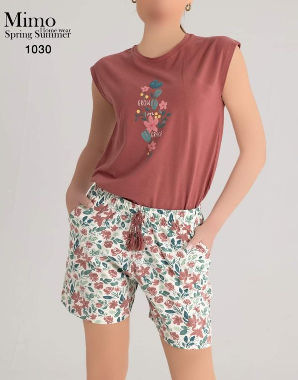 بيجامة قطن بـ شورت وطبعة زهور مميزة من ميمو 1030 | Pyjamty
