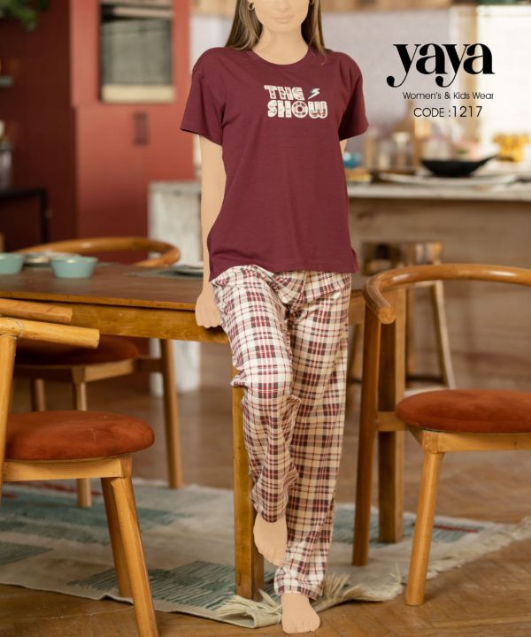 بيجامة قطن صيفي بـ بنطلون كاروهات نبيتي من يايا 1217 | Pyjamty