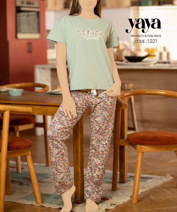 بيجامة قطن صيفي ببنطلون مشجر من يايا 1221 | Pyjamty