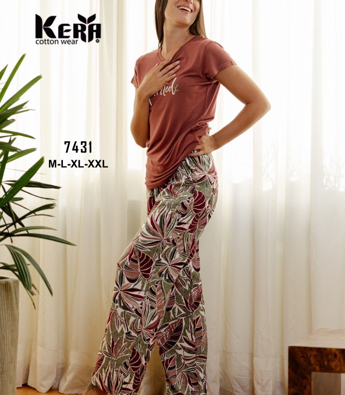 بيجامة قطن صيفي ببنطلون واسع من كيرا 7431 | Pyjamty