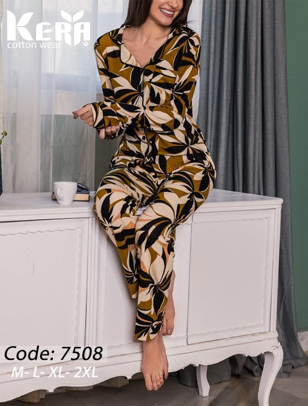 بيجامة حريمي كلاسيك كم مطبوعة أوراق الشجر من كيرا 7508 | Pyjamty