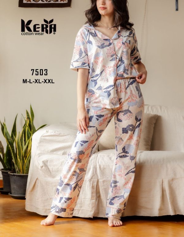 بيجامة كلاسيك نصف كم مزخرفة من كيرا 7503 | Pyjamty