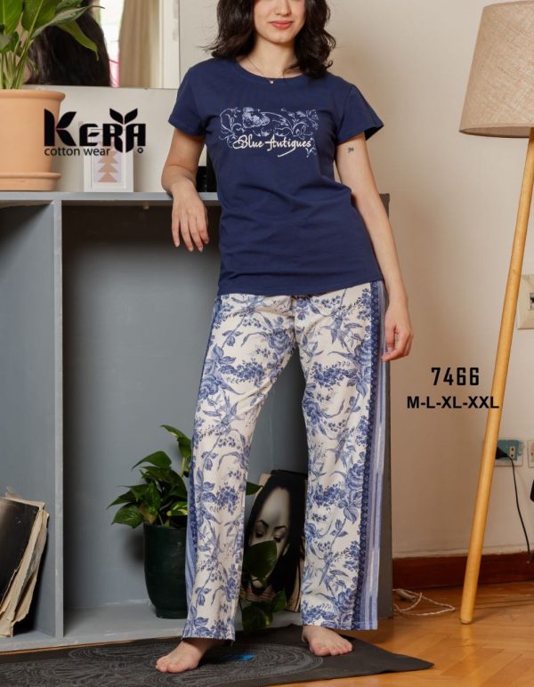 بيجامة قطن صيفي بـ بنطلون مشجر واسع من كيرا 7466 | Pyjamty
