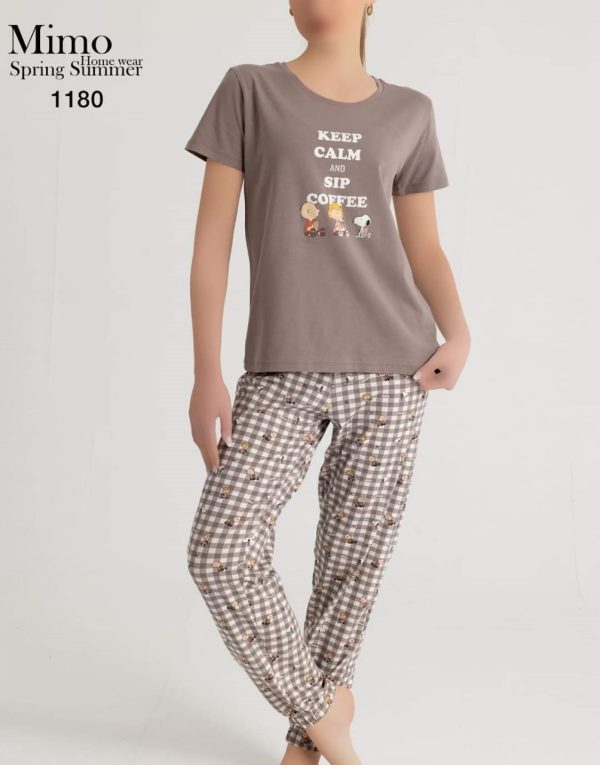 بيجامة قطن صيفي بـ بنطلون كاروهات من ميمو 1180 keep calm and sip coffe | Pyjamty