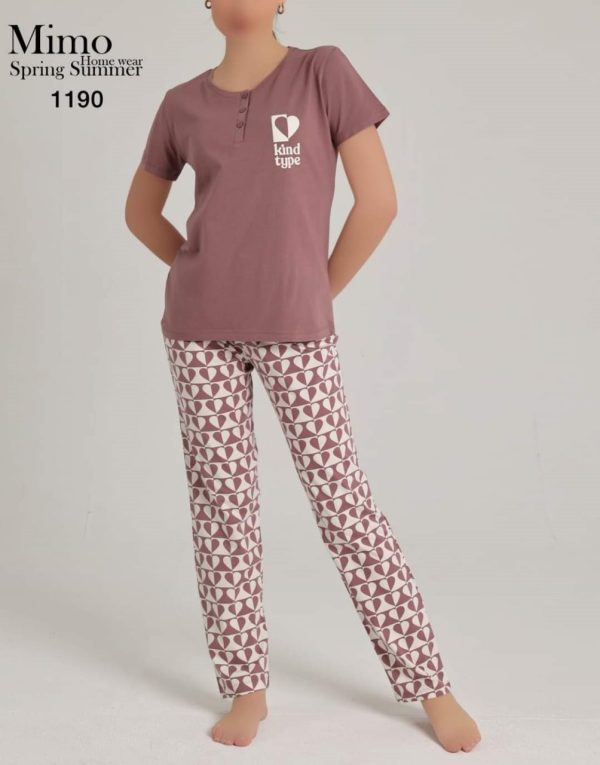 بيجامة قطن صيفي مطبوعة بـ قلوب من ميمو 1190 | Pyjamty