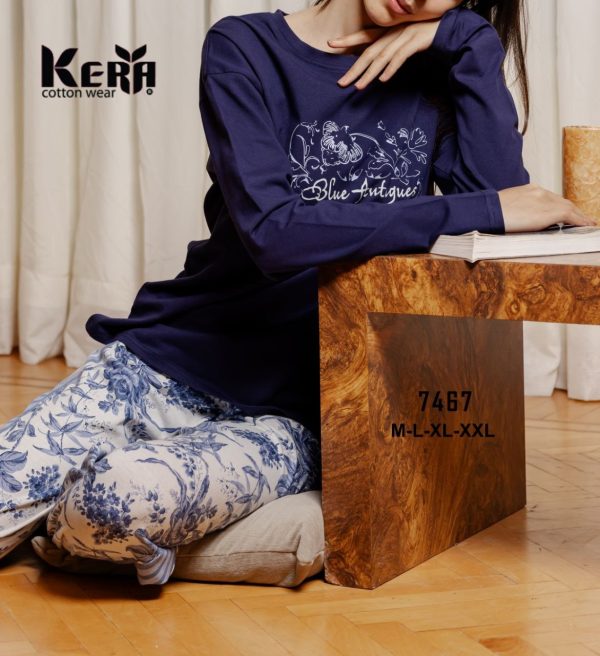 بيجامة قطن كم طويل Blue Antiques من كيرا 7467 | Pyjamty