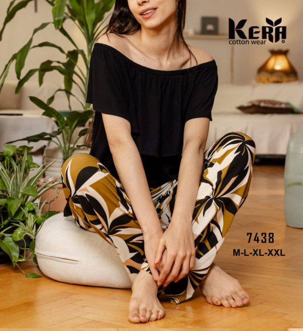 بيجامة قطن Off sholders بتصميم بنطلون فضفاض من كيرا 7438 | Pyjamty