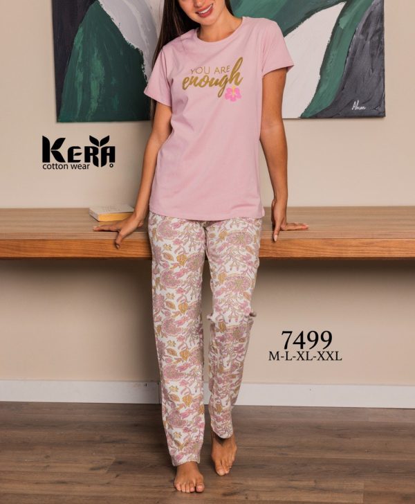 بيجاما حريمي قطن لون بينك هادئ من كيرا 7499 You Are enough | Pyjamty