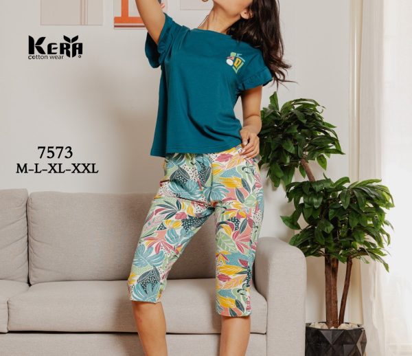 بيجاما حريمي قطن بنتاكور مطبوعة أوراق مبهجة من كيرا 7573 | Pyjamty