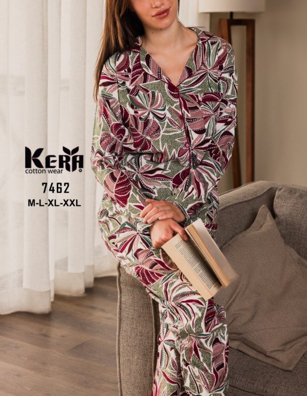 بيجاما فيسكوز كلاسيك كم طويل بزخرفة مميزة من كيرا 7462 | Pyjamty