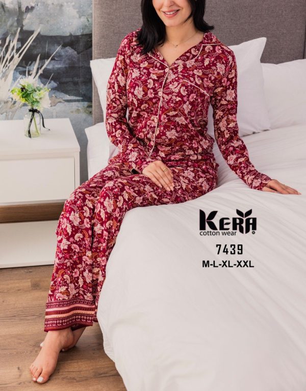 بيجاما قطن كلاسيك كم طويل مطبوع بلون نبيتي مزخرف من كيرا 7439 | Pyjamty