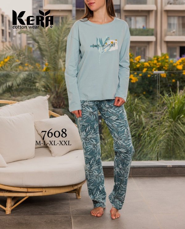 بيجاما حريمي كم طويل Love yourself HAWAI بنطلون مزخرف من كيرا 7608 | Pyjamty