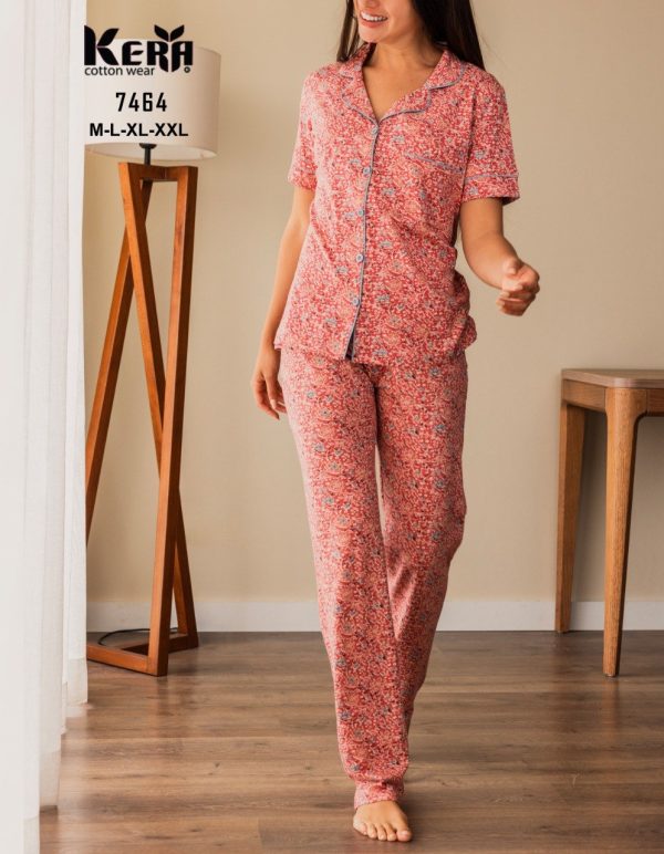 بيجاما فيسكوز كلاسيك نصف كم بزخرفة زهور مميزة من كيرا 7464 | Pyjamty
