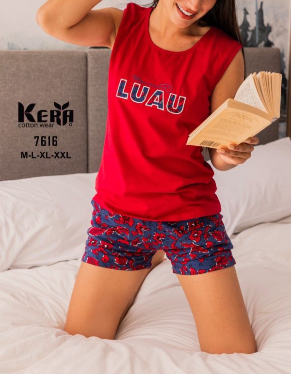 بيجاما حريمي قطن هوت شورت بلون أحمر مميز من كيرا 7616 | Pyjamty