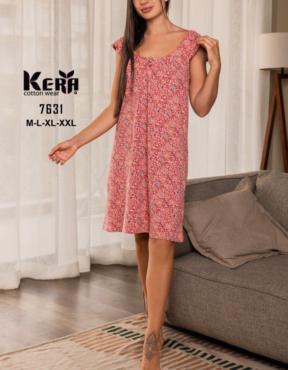 كاش قطن بقصة رقبة مستديرة منقوش من كيرا 7631 | Pyjamty