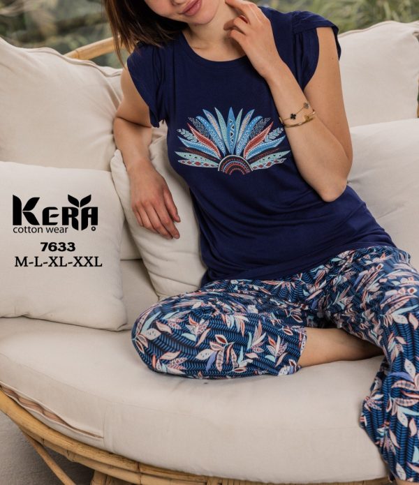 بيجاما فيسكوز حريمي بـ بنتاكور مزخرفة من كيرا 7633 | Pyjamty