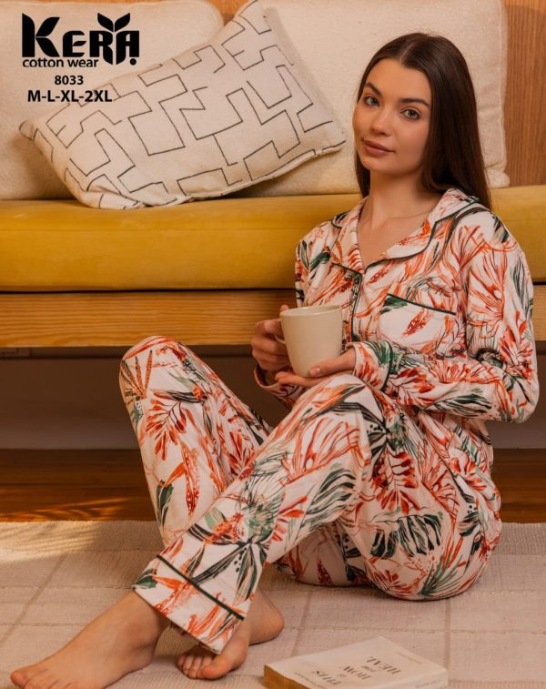 بيجامة بزراير شتوي منقوشة بلون أورانج مميز من كيرا 8033 | Pyjamty