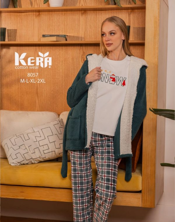 بيجامة شتوي 3 قطع بـ بنطلون كاروهات من كيرا 8057 | Pyjamty