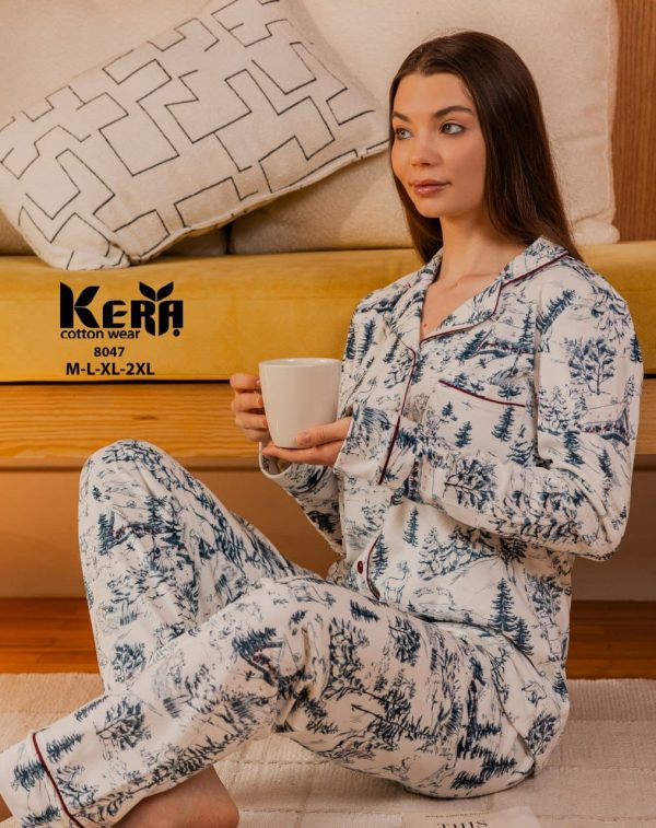 بيجامة بزراير شتوي بنقشة رقيقة من كيرا 8047 | Pyjamty
