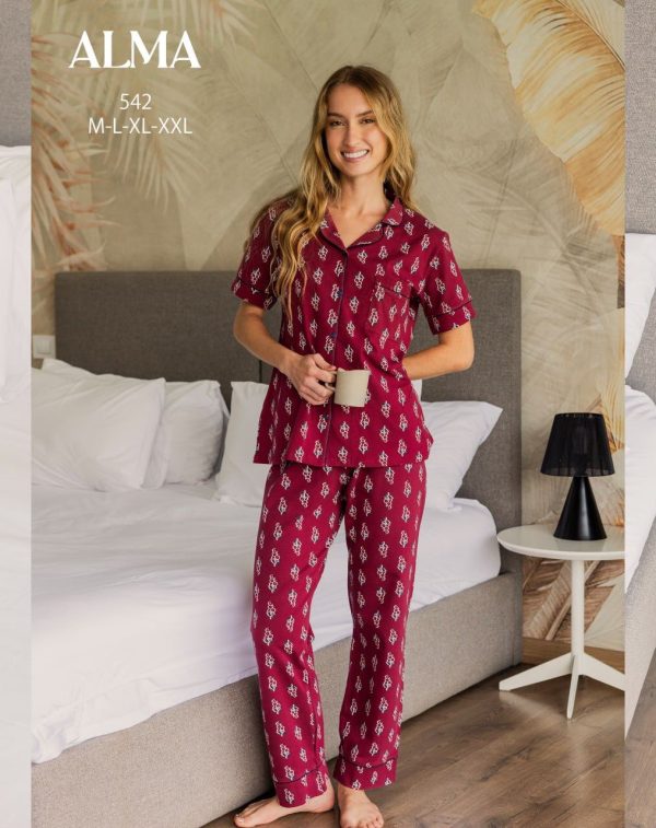 short-sleeve cotton viscose pajama patterned with red color from ALMA 542 | Pyjamty