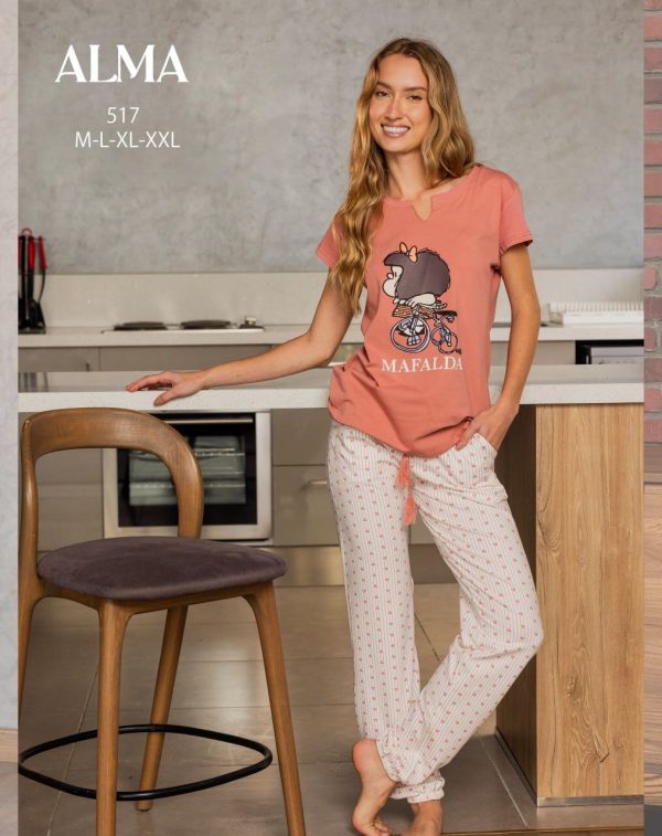 short-sleeve cotton pajama with patterned pants from ALMA 517 | Pyjamty