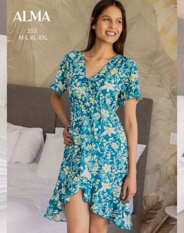 short-sleeve cotton summer dress with floral print from ALMA 553 | Pyjamty