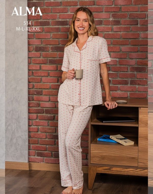 short-sleeve pajama with button-up top, with a stripped print from ALMA 514 | Pyjamty