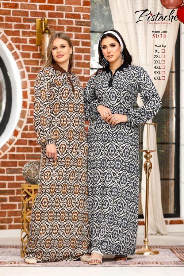Long sleeve cotton Jalabiya patterned with a zipper from pistache 5036 | Pyjamty