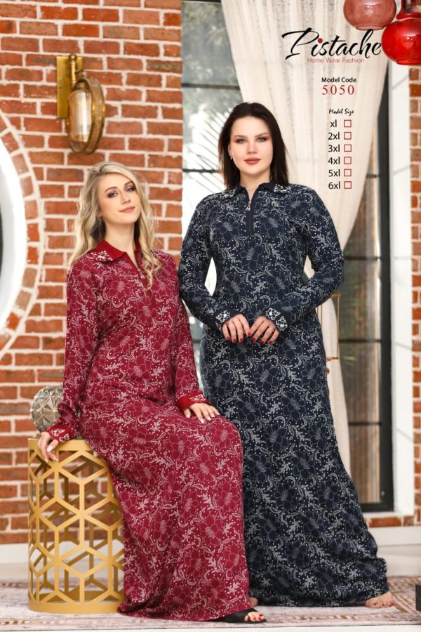 long sleeve cotton Jalabiya patterned with Flowers from pistache 5050 | Pyjamty