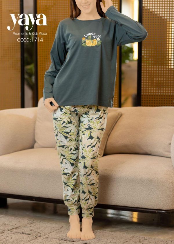 Long-sleeve cotton pajama featured with limon tree print from yaya 1714 | Pyjamty