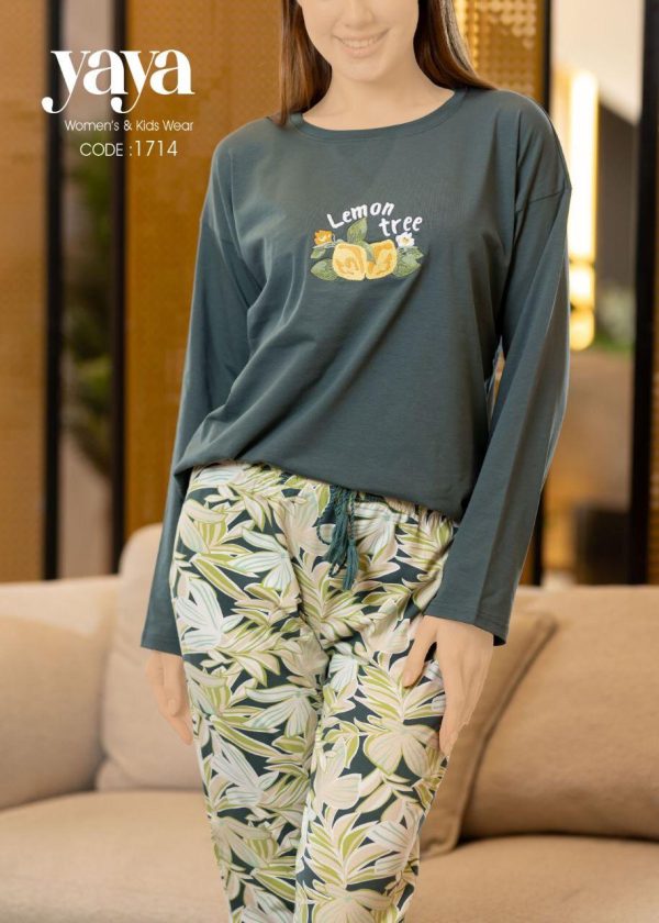 Long-sleeve cotton pajama featured with limon tree print from yaya 1714 | Pyjamty
