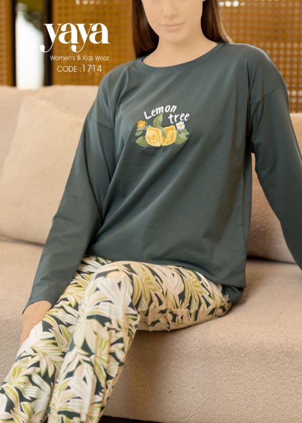 Long-sleeve cotton pajama featured with limon tree print from yaya 1714 | Pyjamty
