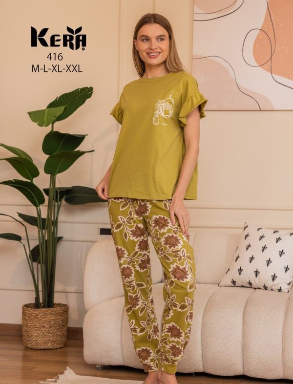 short-sleeve cotton pajama with floral print featured with rolled sleeves from kera 416