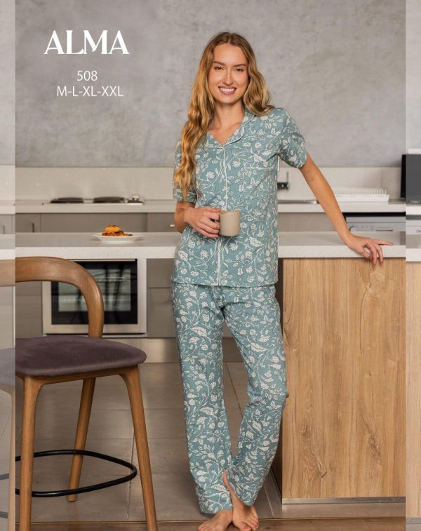 short sleeve cotton pajama with button-up top with floral print from ALMA 508 | Pyjamty