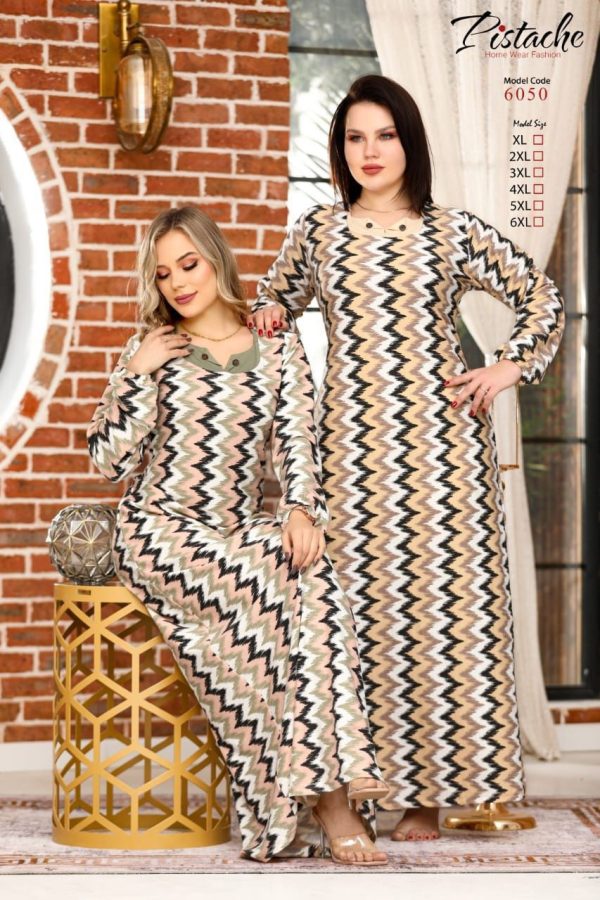 long sleeves home jalabeya with a zigzag pattern from pistache 6050 | Pyjamty