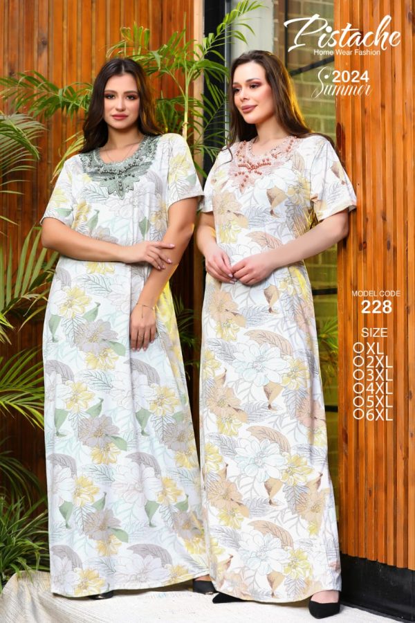 short sleeves cotton jalabeya with floral print from pistache 228 | Pyjamty