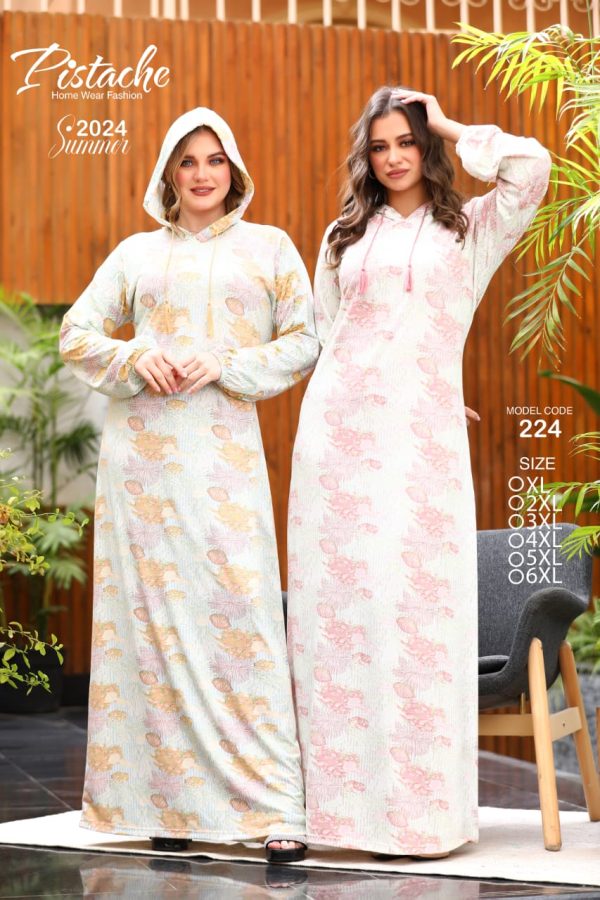 long sleeves hooded jalabeya with floral print from pistache 224 | Pyjamty