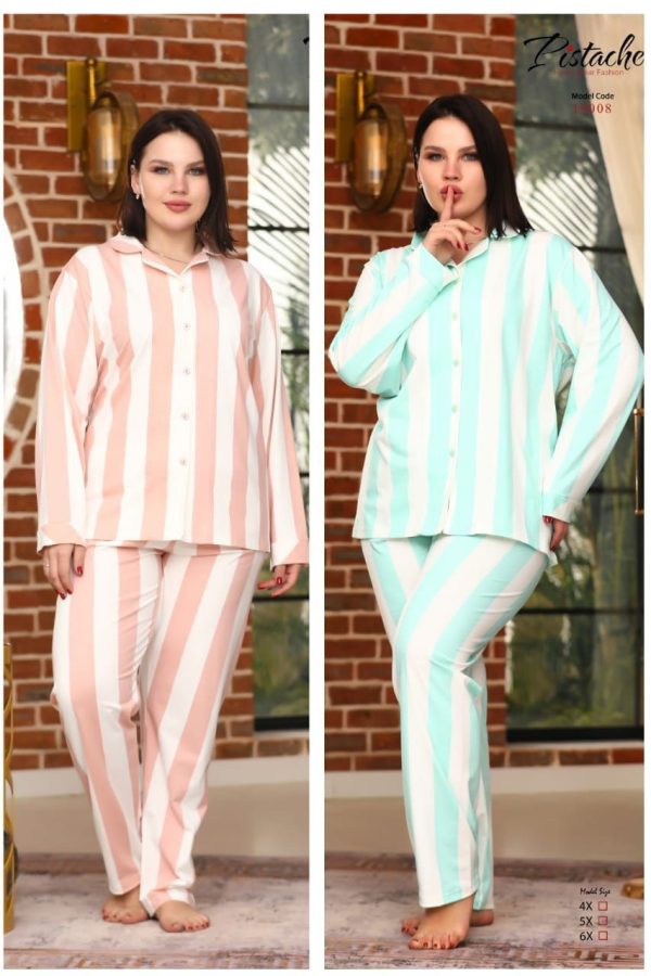 Big size Long sleeves pajama with stripped pattern from pistache 10008 | Pyjamty