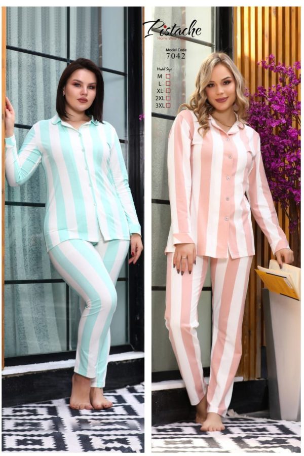 بيجامة صيفي كم طويل بزراير بتصميم مقلم مميز من بيستاج 7042 | Dream