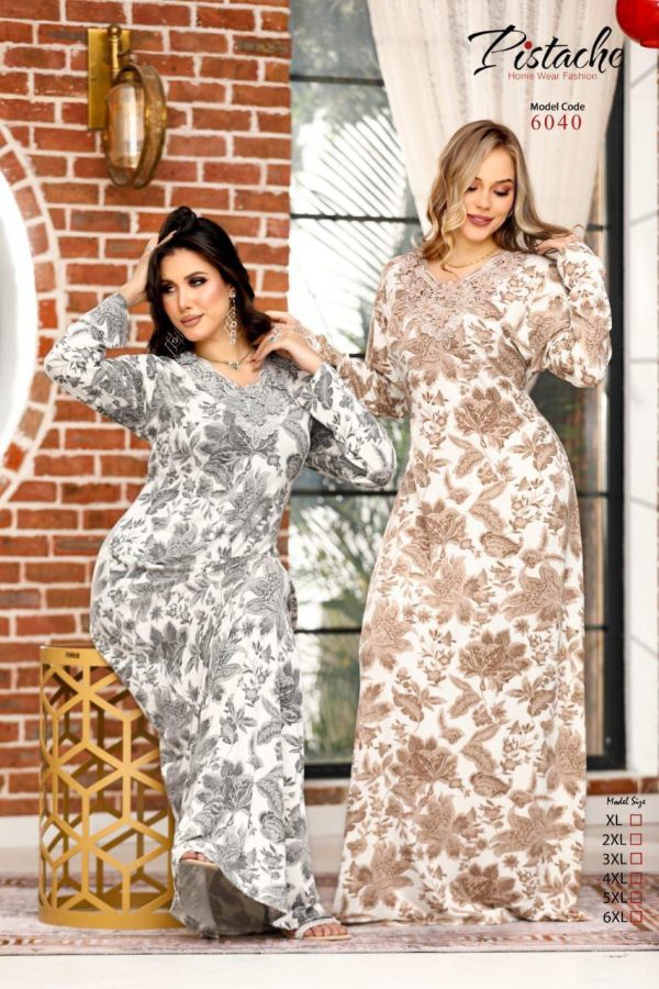 Long sleeves home jalabeya with a floral pattern from pistache 6040 | Pyjamty