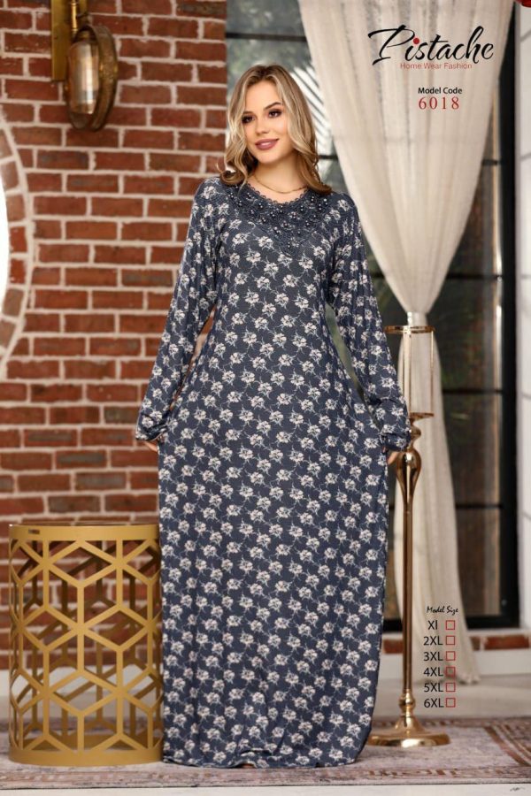 long sleeves home jalabeya with a pearl embellishment on chest from pistache 6018 | Pyjamty