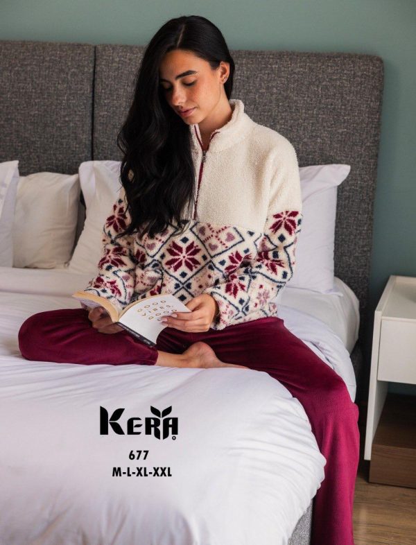 winter fleece pajama with a Fair Isle print featured with a zip neck from kera 677 | Pyjamty
